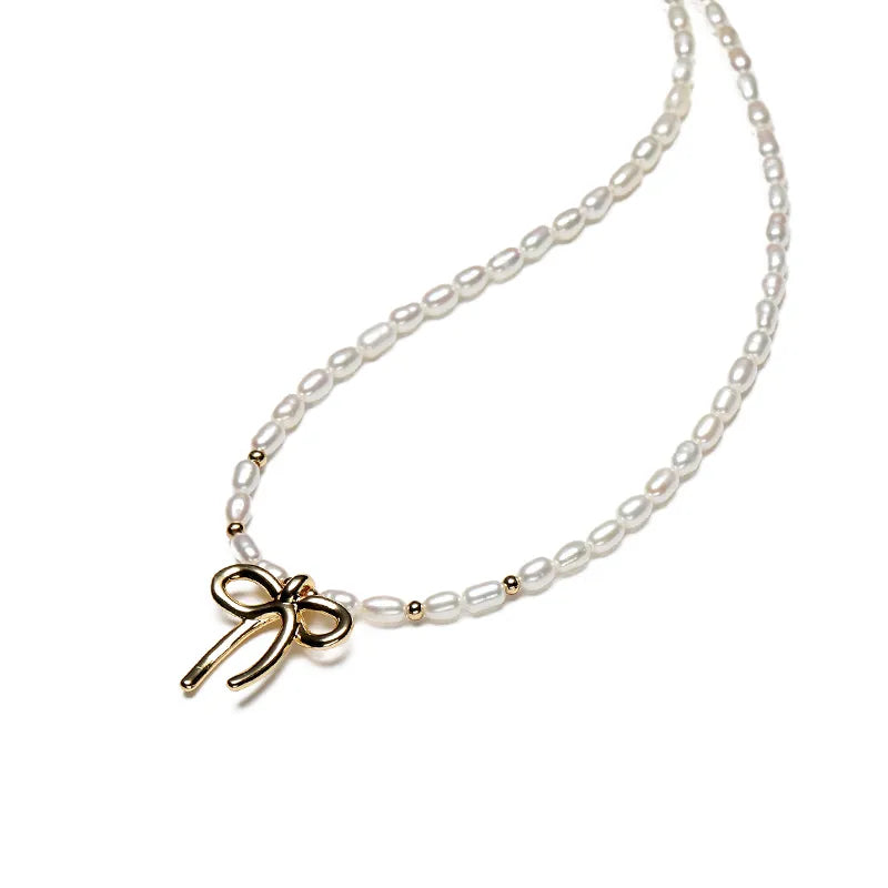 Vintage Gold Bow Natural Pearl Choker Necklace