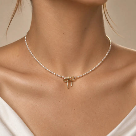 Vintage Gold Bow Natural Pearl Choker Necklace