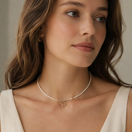 Vintage Gold Bow Natural Pearl Choker Necklace