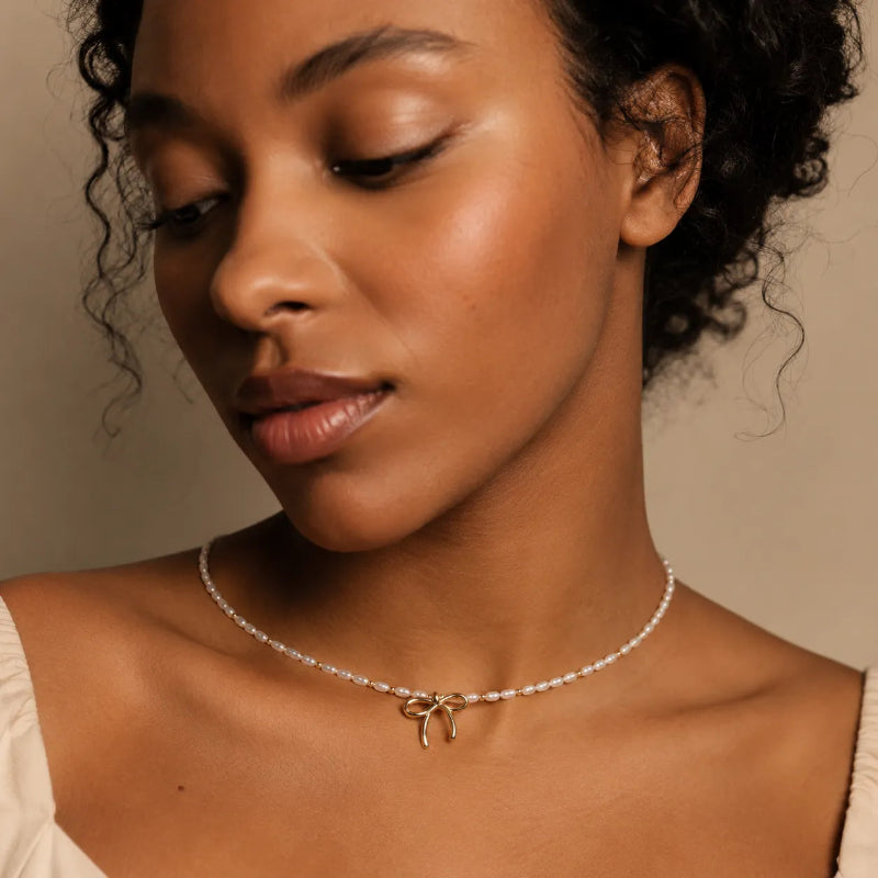 Vintage Gold Bow Natural Pearl Choker Necklace
