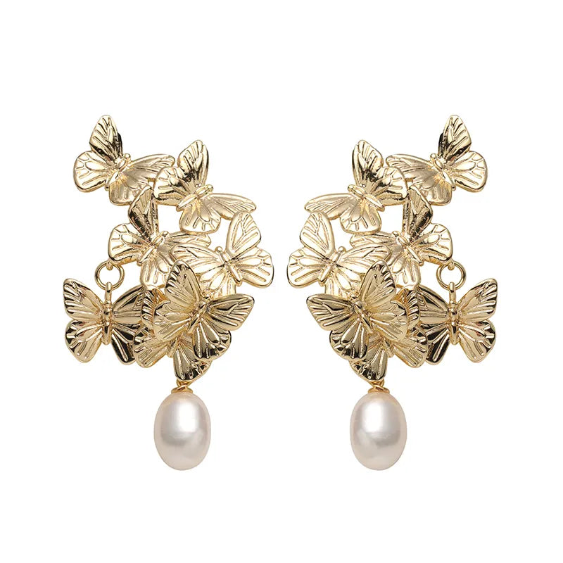 Vintage Golden Butterfly Pearl Earrings