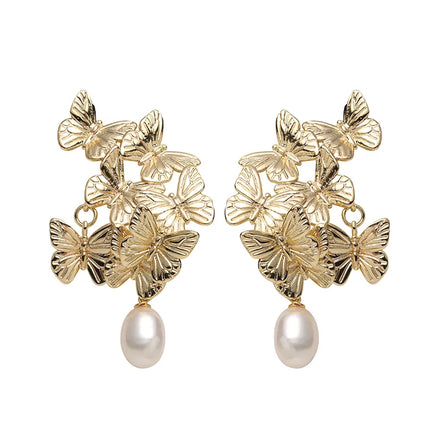 Vintage Golden Butterfly Pearl Earrings
