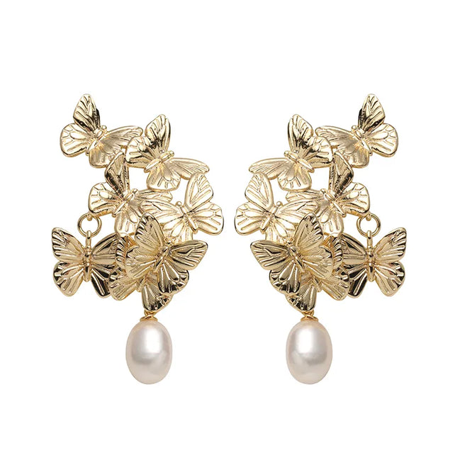 Vintage Golden Butterfly Pearl Earrings