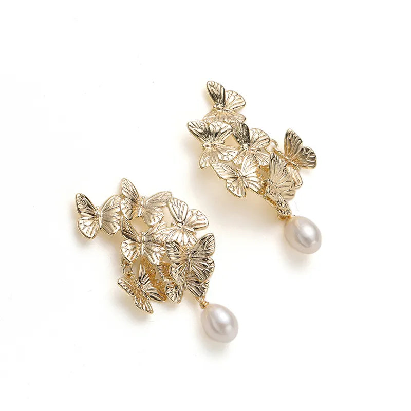 Vintage Golden Butterfly Pearl Earrings