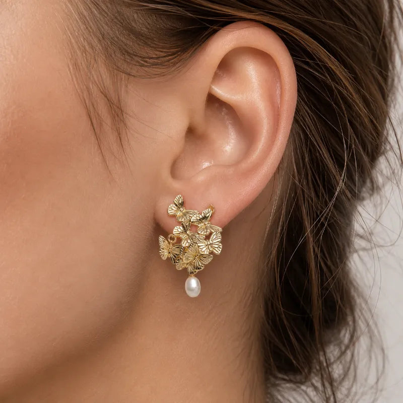 Vintage Golden Butterfly Pearl Earrings