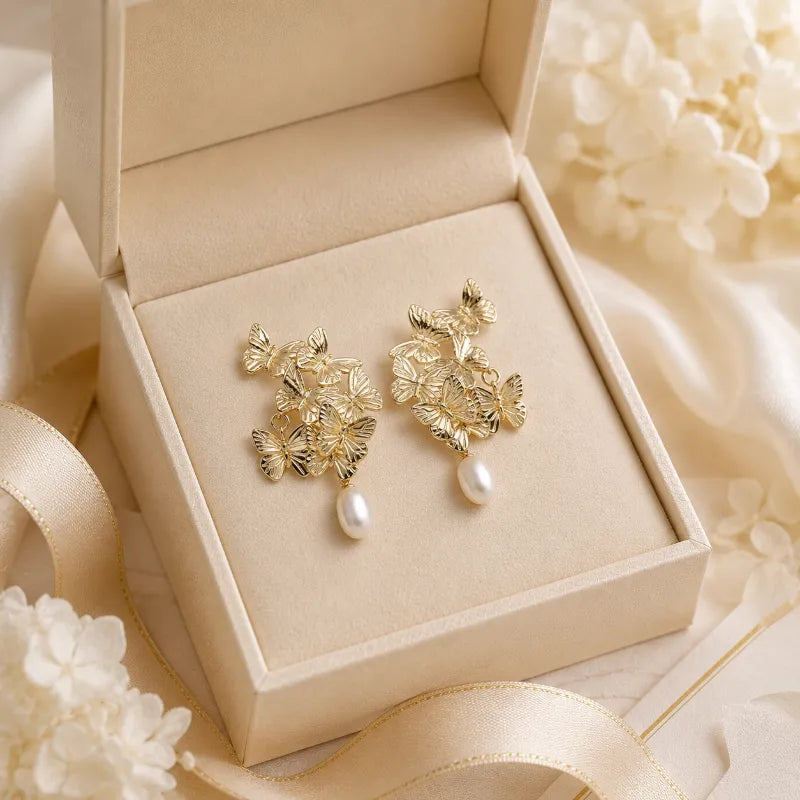 Vintage Golden Butterfly Pearl Earrings