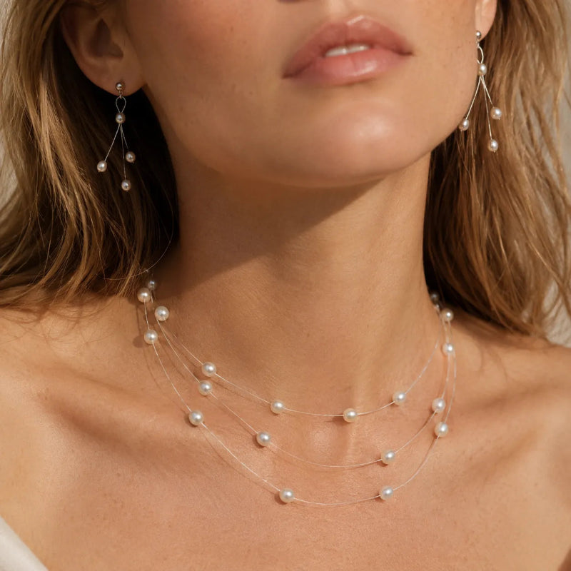 Vintage Illusion Floating Pearl Necklace and Earring Set