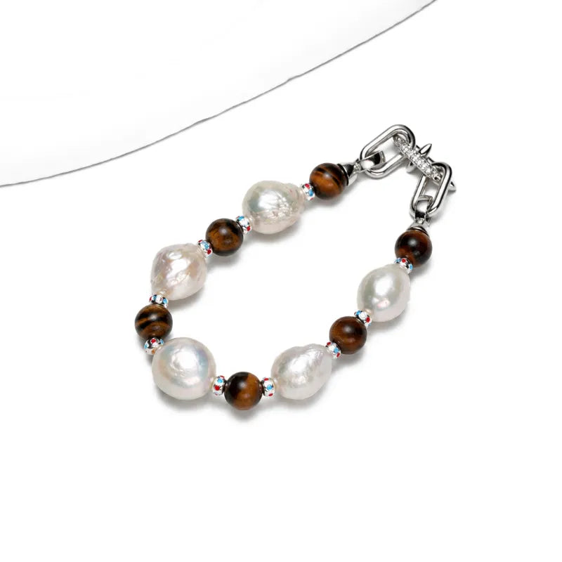 Vintage Silver Baroque Pearl Tiger Eye Bracelet