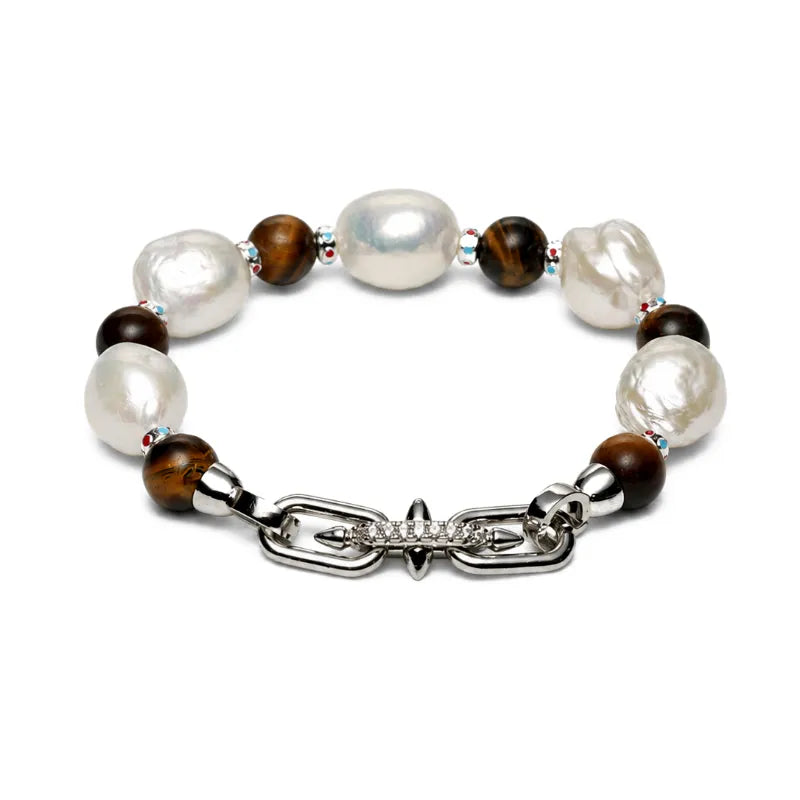 Vintage Silver Baroque Pearl Tiger Eye Bracelet