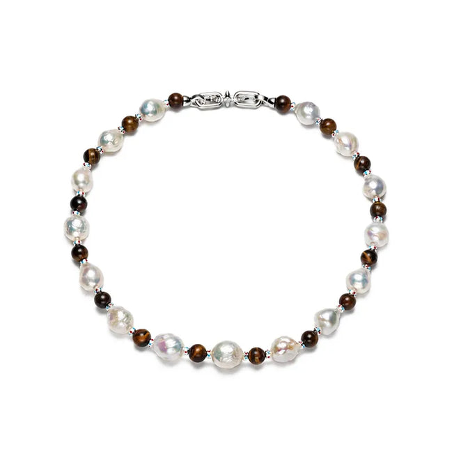 Vintage Silver Baroque Pearl Tiger Eye Choker Necklace