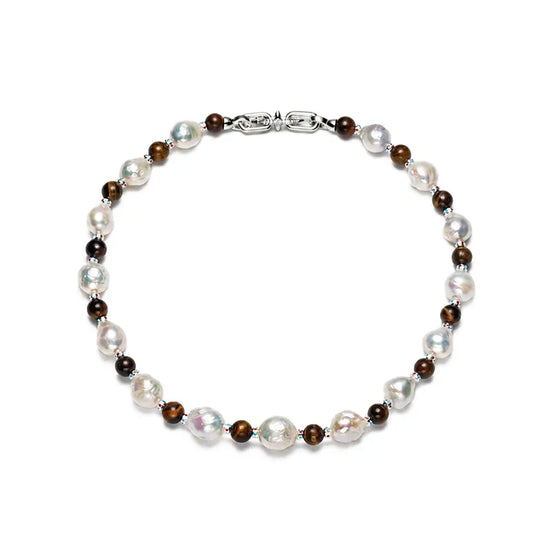 Vintage Silver Baroque Pearl Tiger Eye Choker Necklace