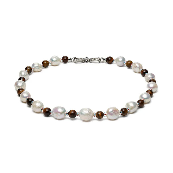 Vintage Silver Baroque Pearl Tiger Eye Choker Necklace