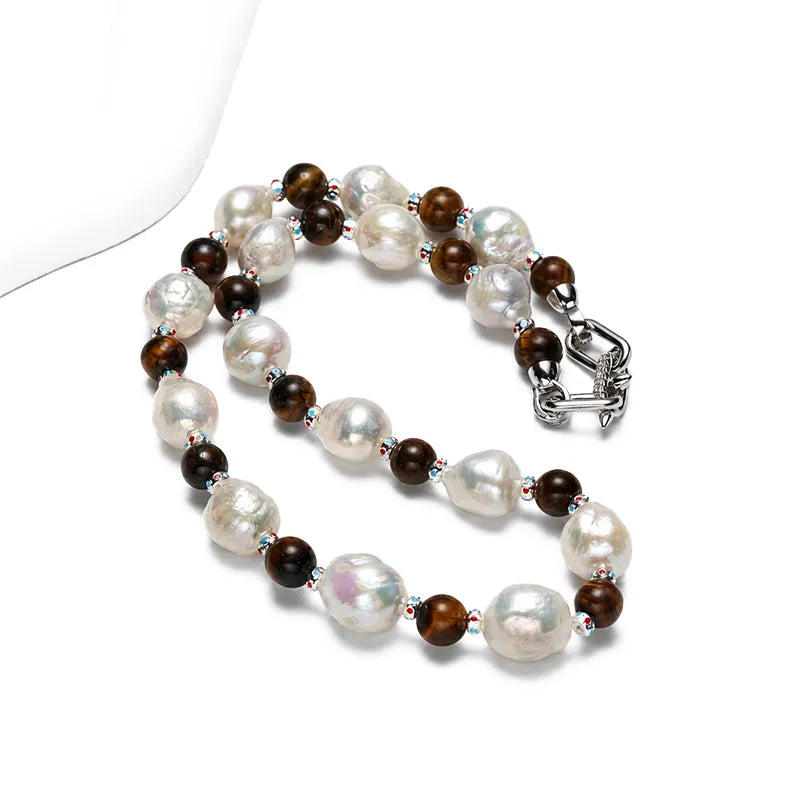 Vintage Silver Baroque Pearl Tiger Eye Choker Necklace