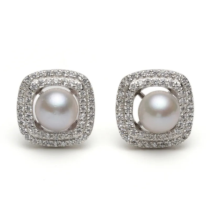 Vintage Silver Pearl Earrings with Cushion Halo Setting