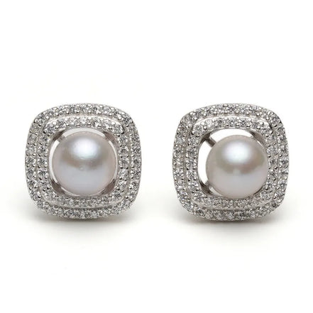 Vintage Silver Pearl Earrings with Cushion Halo Setting