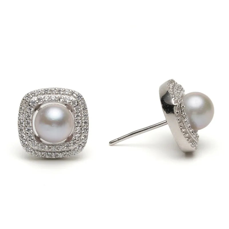 Vintage Silver Pearl Earrings with Cushion Halo Setting