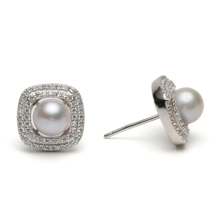 Vintage Silver Pearl Earrings with Cushion Halo Setting