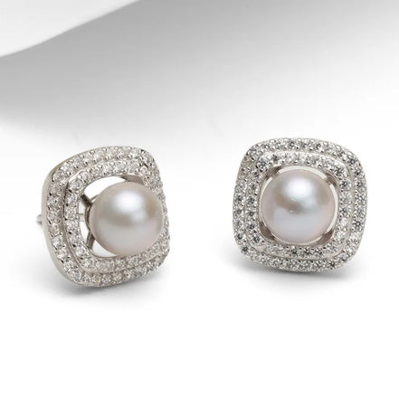 Vintage Silver Pearl Earrings with Cushion Halo Setting