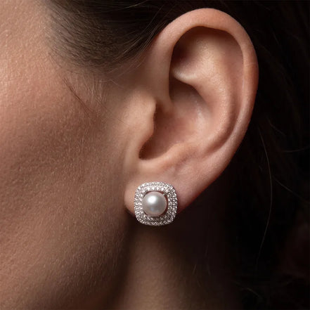 Vintage Silver Pearl Earrings with Cushion Halo Setting