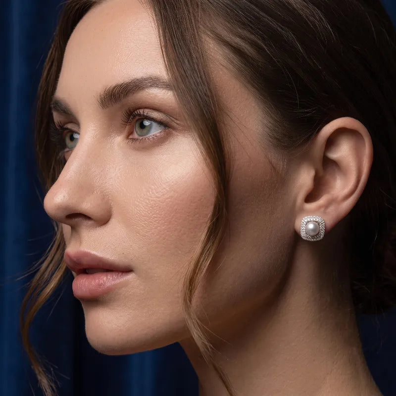 Vintage Silver Pearl Earrings with Cushion Halo Setting