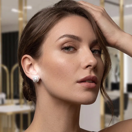 Vintage Silver Pearl Earrings with Cushion Halo Setting