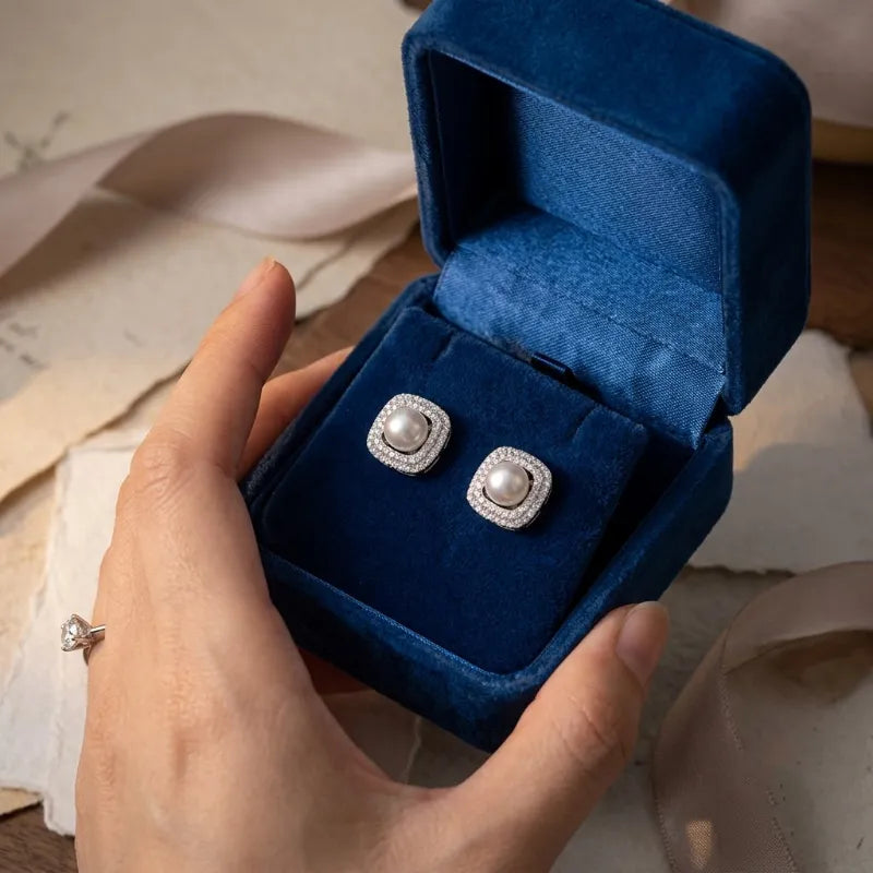 Vintage Silver Pearl Earrings with Cushion Halo Setting