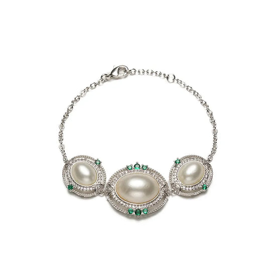 Vintage Three-Pearl Silver Halo Bracelet