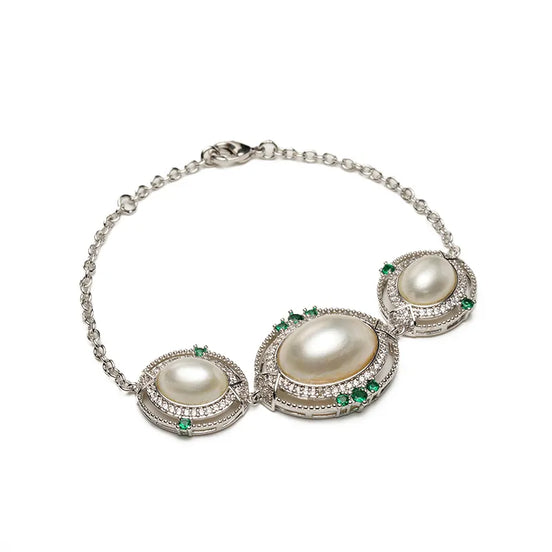 Vintage Three-Pearl Silver Halo Bracelet