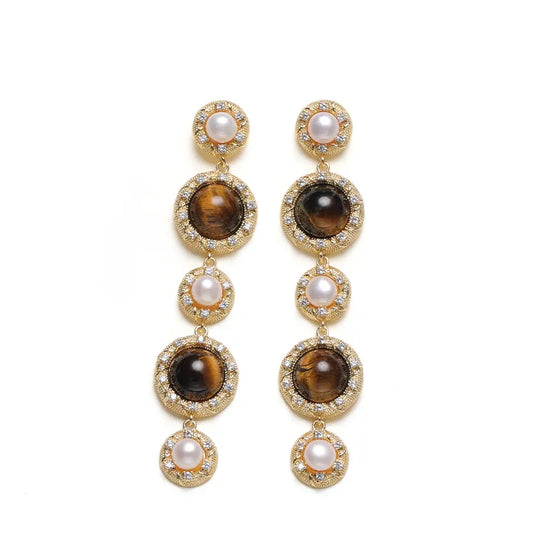 Vintage Tiger's Eye & Pearl Drop Earrings