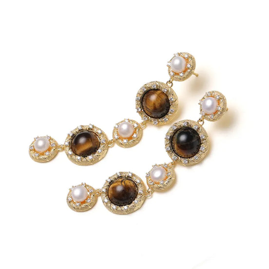 Vintage Tiger's Eye & Pearl Drop Earrings