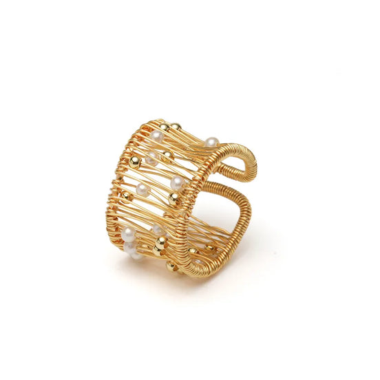 Woven Gold Pearl Open Ring