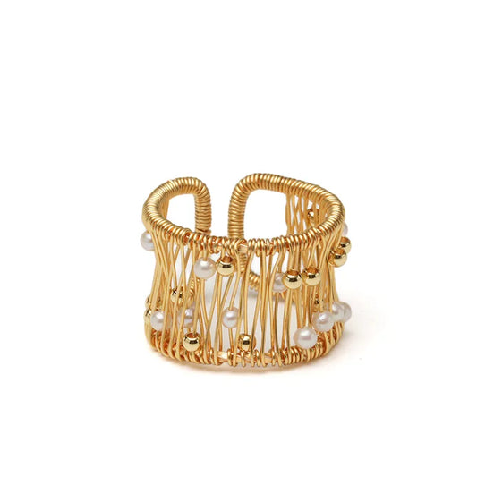 Woven Gold Pearl Open Ring