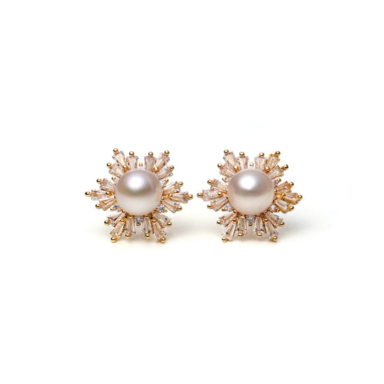 Sunburst Crystal Natural Pearl Earrings