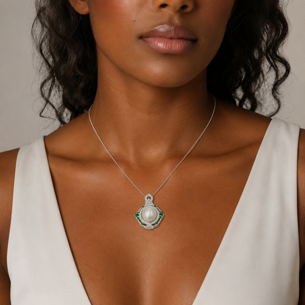 Emerald Halo Pearl Pendant Necklace