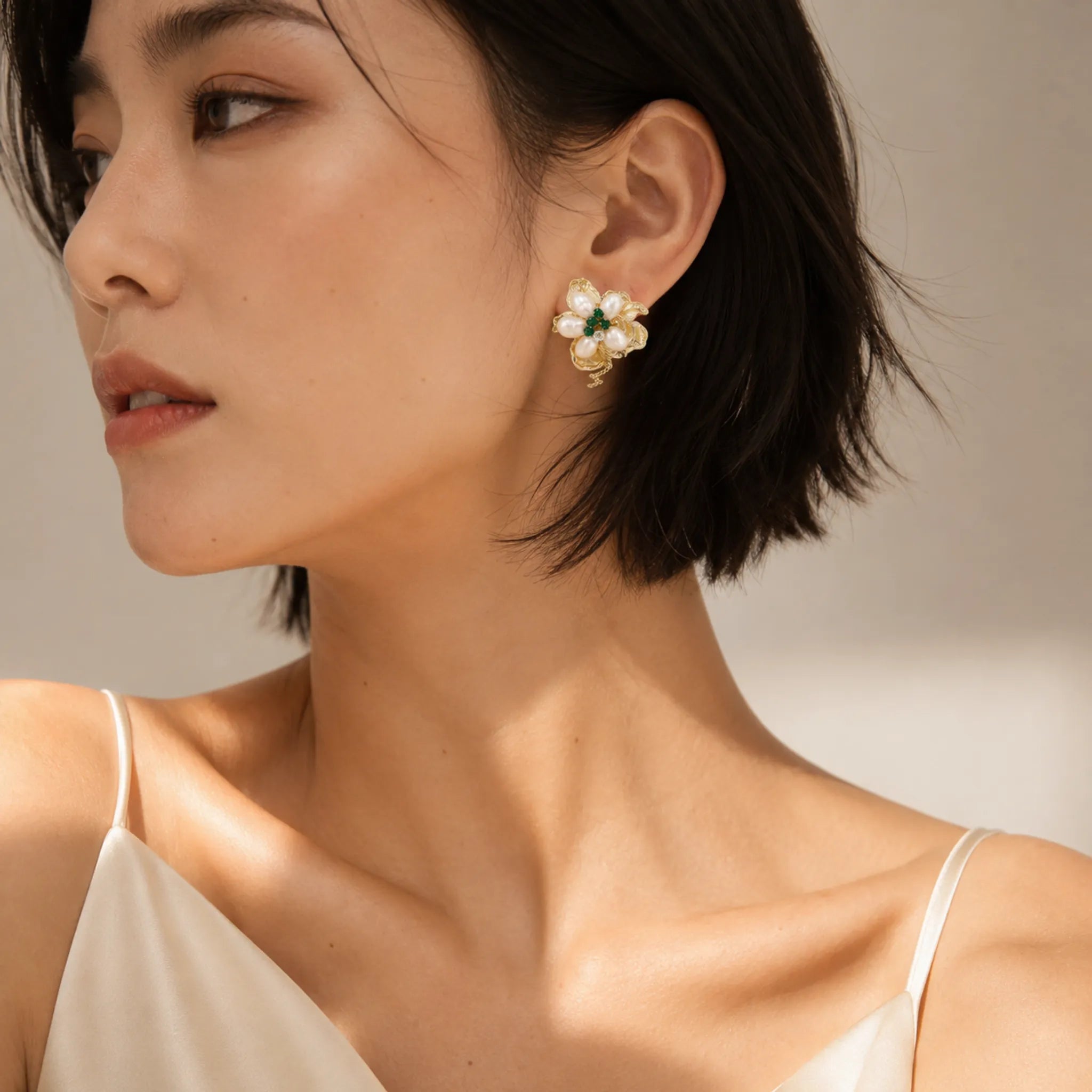 Gold Floral Natural Pearl Cluster Earrings