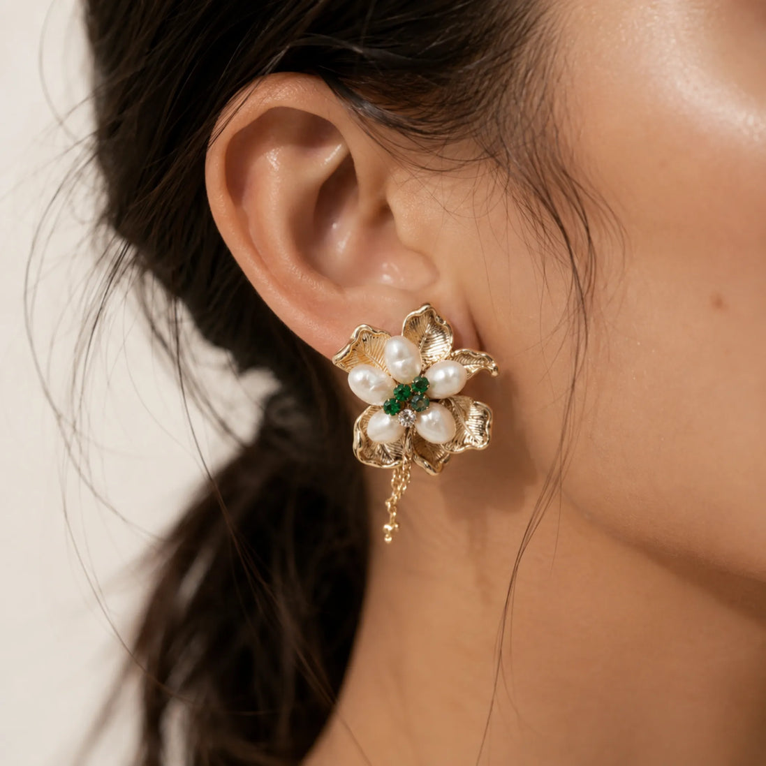 Gold Floral Natural Pearl Cluster Earrings